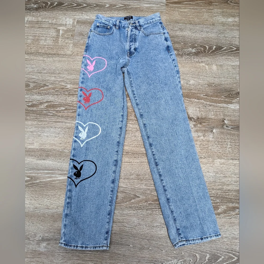Playboy By PacSun Medium Blue Graphic Straight Leg Jeans Button Fly Size 24